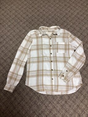 Aeropostale Tan & White Plaid Button-Up Flannel Shirt Size Small